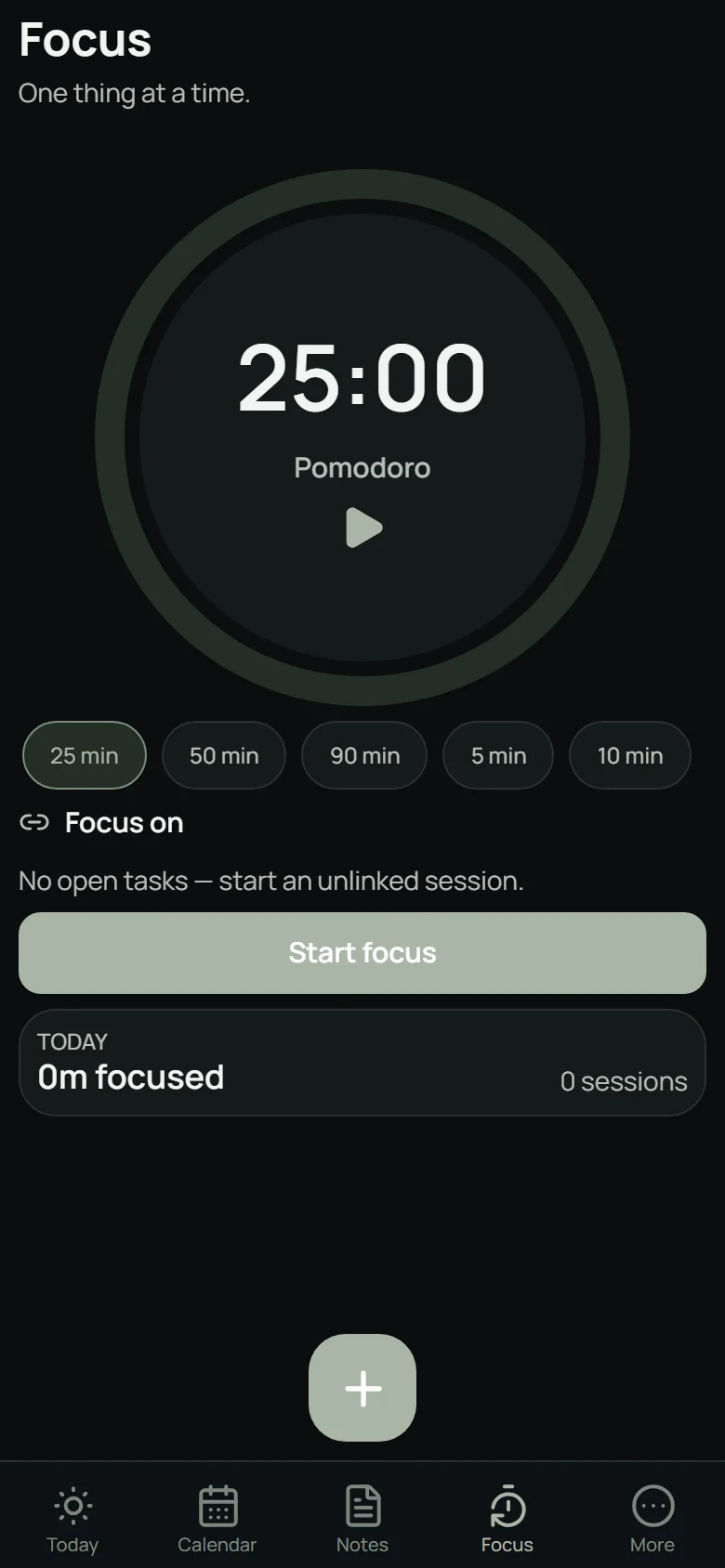 Inkoum focus timer screen with a 25-minute Pomodoro session