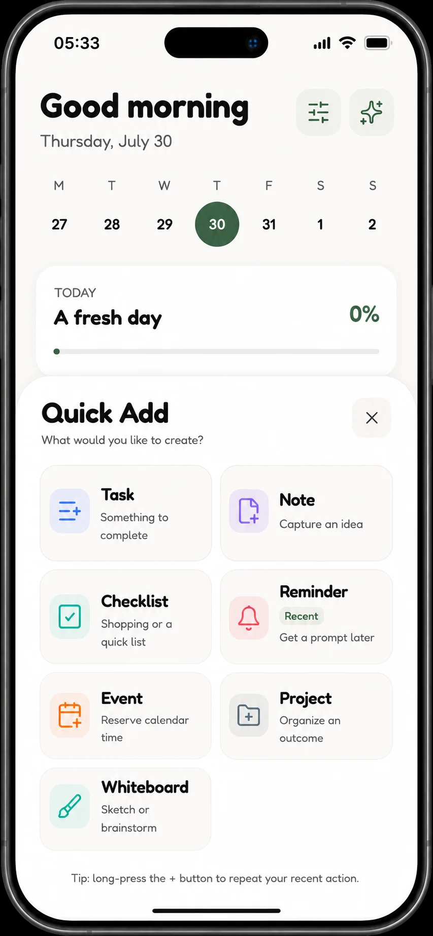 Inkoum's Today screen with the Quick Add menu open, showing Task, Note, Checklist, Reminder, Event, Project, and Whiteboard options